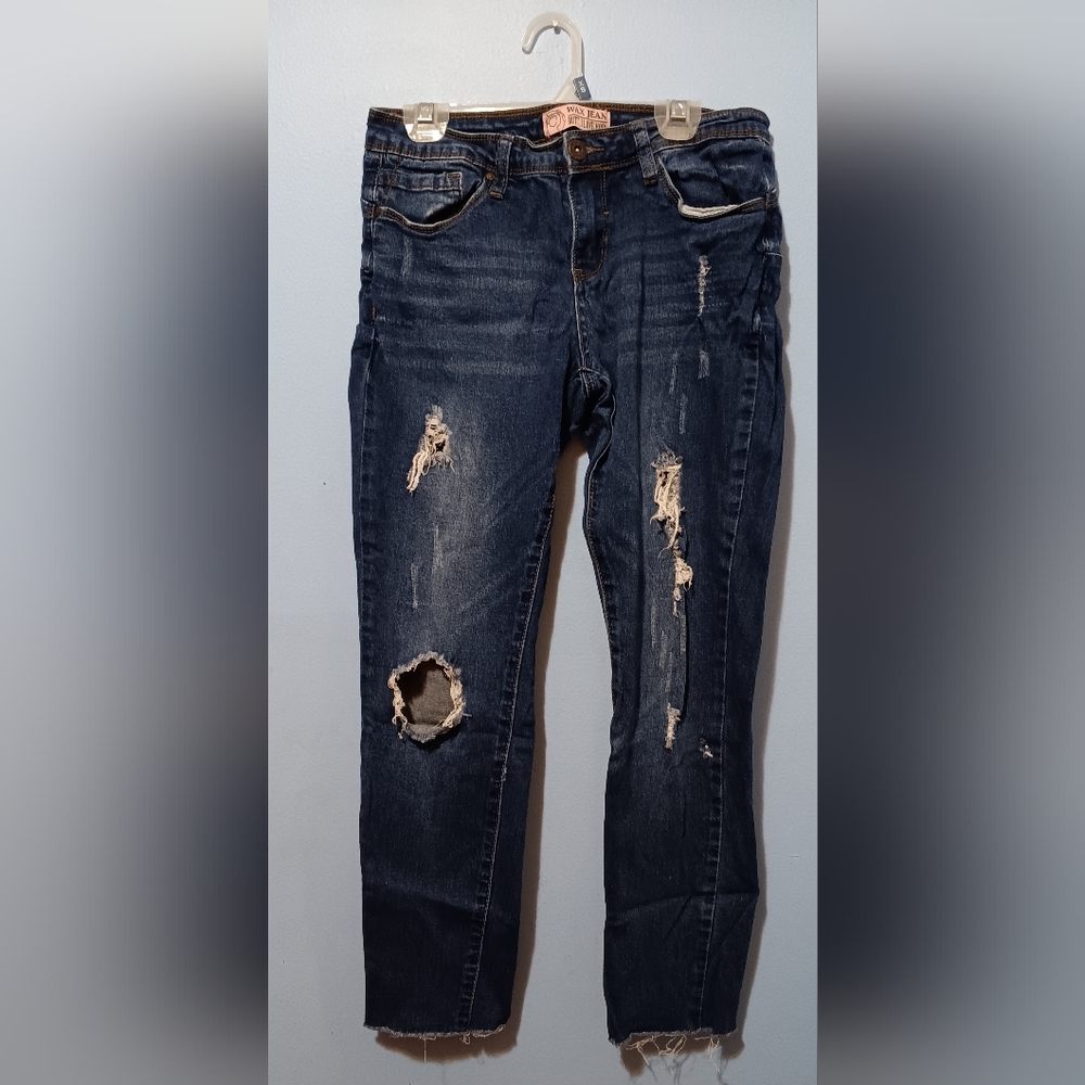 Distressed Blue Skinny Jeans with Knee Rips